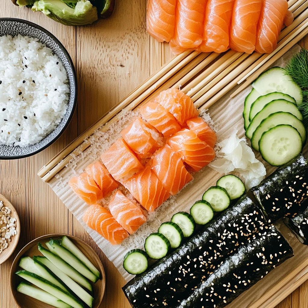 Alaska Roll ingredients with fresh salmon, rice, cucumber, and nori.