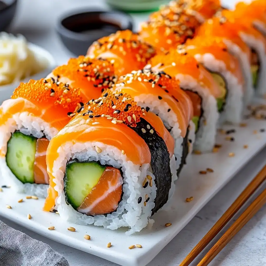 Alaska roll with raw salmon, cucumber, and avocado