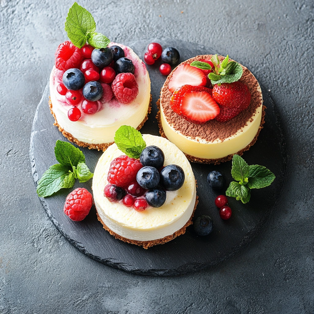 Three types of cheesecake with berries and chocolate topping.