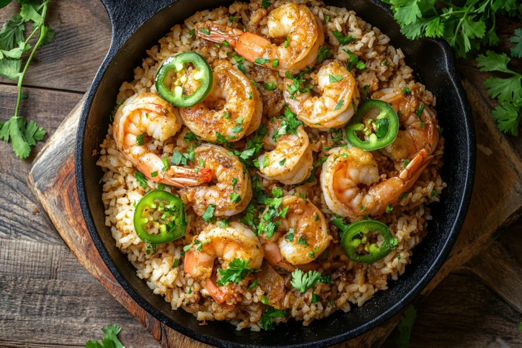 Cajun shrimp with dirty rice garnished with jalapeños and parsley.