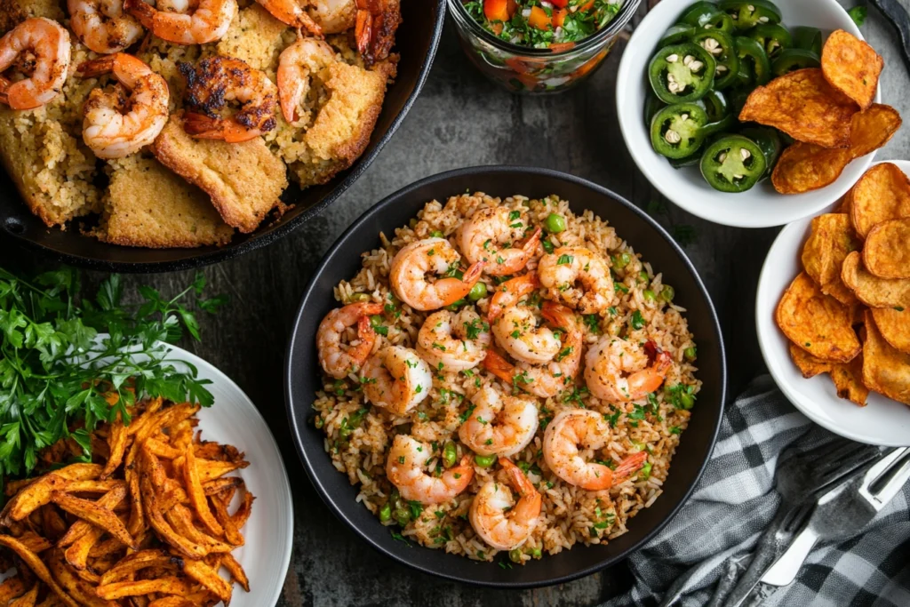 Cajun shrimp with dirty rice, sweet potato fries, and cornbread.