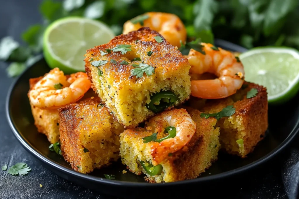 Cajun shrimp served with jalapeño cornbread garnished with lime.