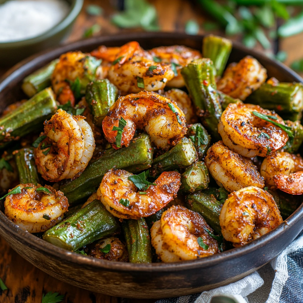 Cajun shrimp served with roasted okra garnished with fresh herbs.