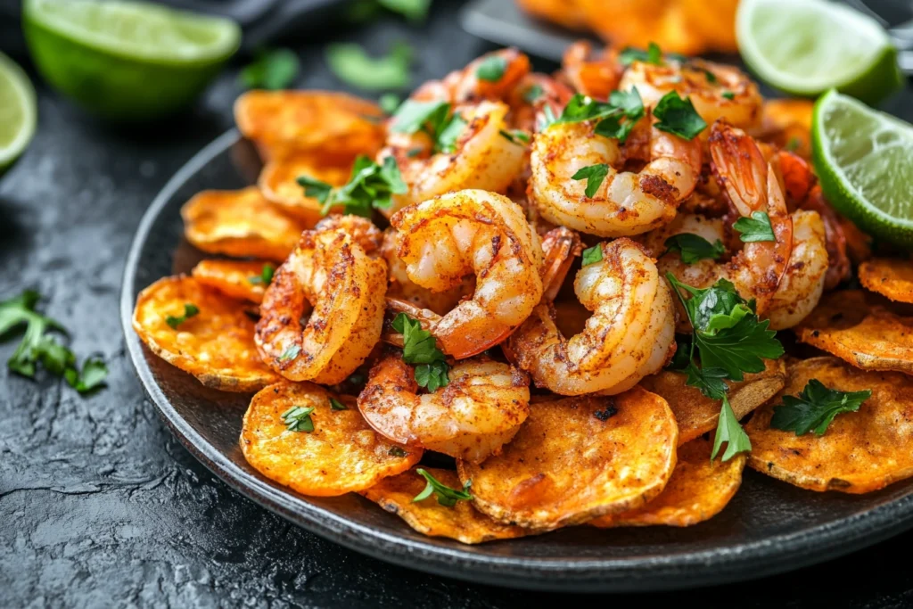 Cajun shrimp served with crispy sweet potato chips and lime.