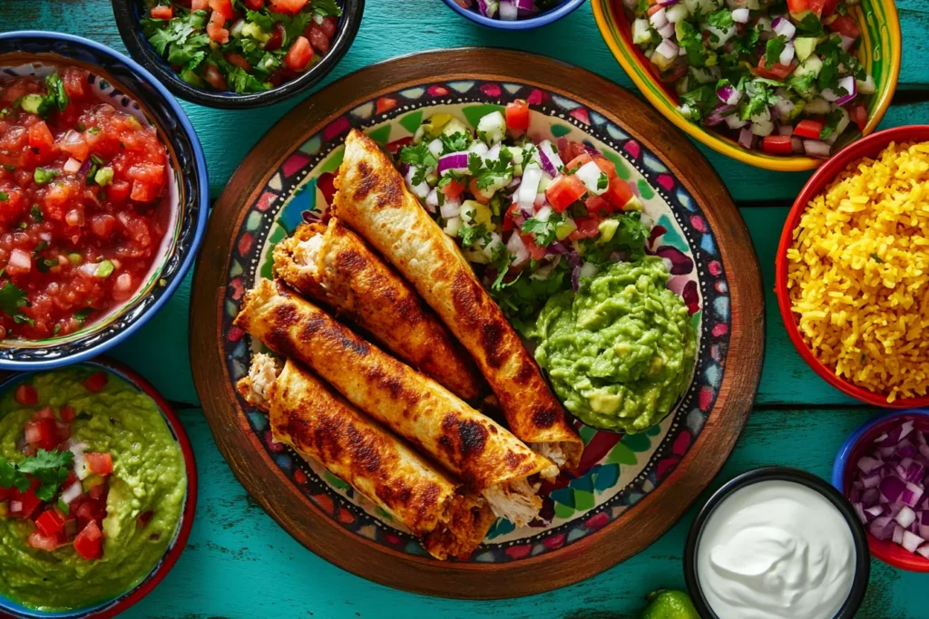 Freshly made chicken flautas with vibrant Mexican sides.