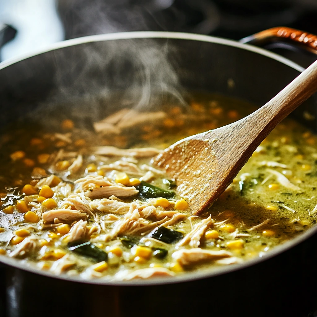 Chicken poblano soup simmering in a pot