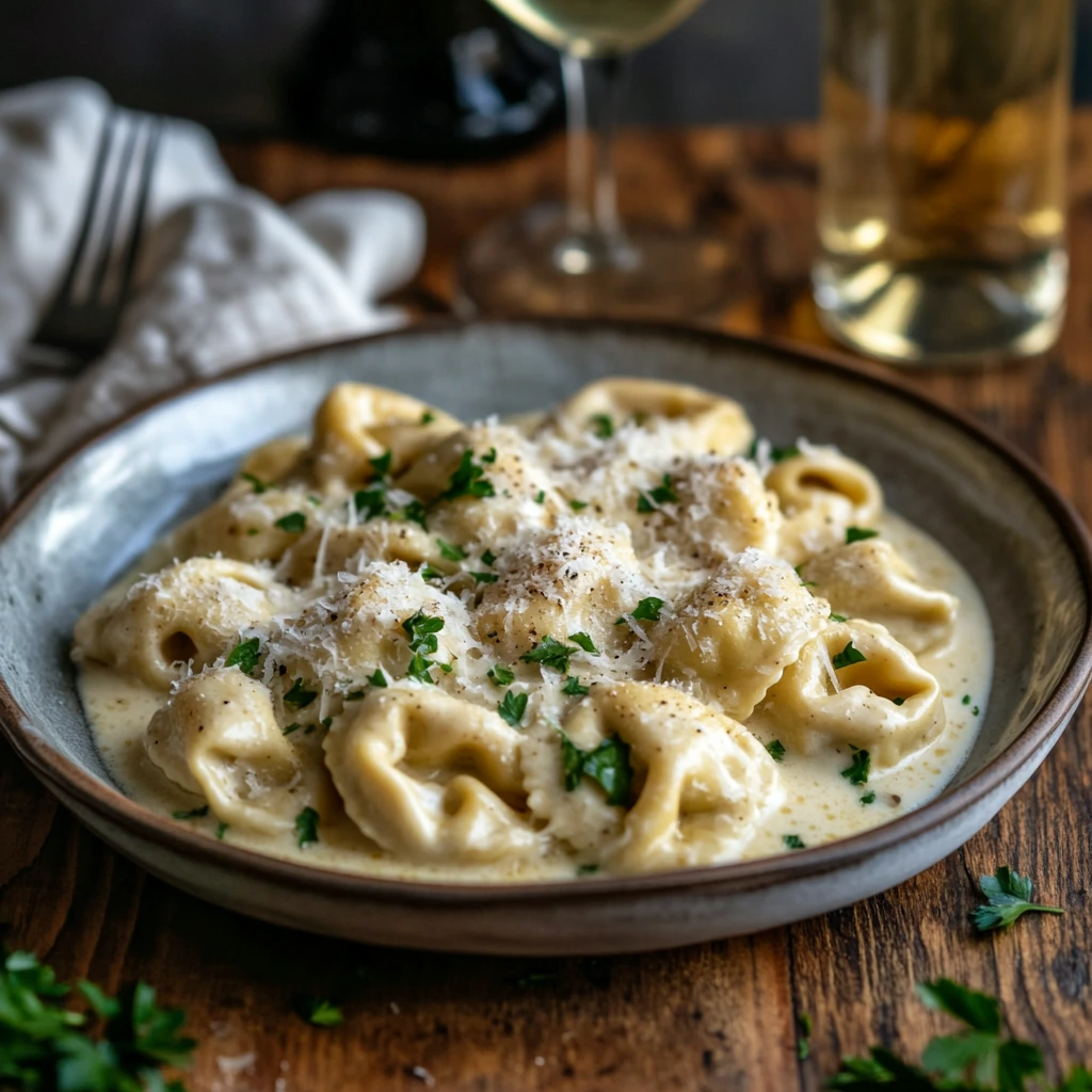 Plate of chicken tortelloni Alfredo garnished with parsley and freshly grated Parmesan cheese, served on a wooden table