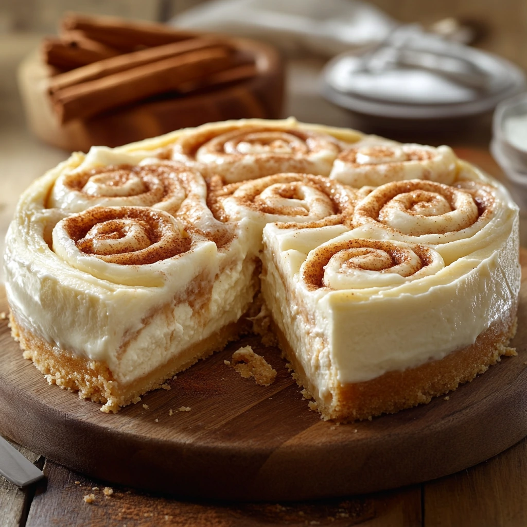 Whole cinnamon roll cheesecake topped with cinnamon swirls, served on a wooden plate with a slice removed to reveal creamy layers.