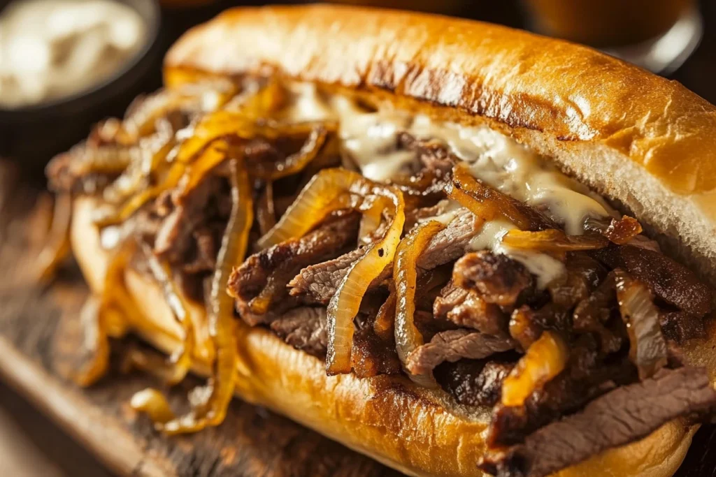 Philly cheesesteak with caramelized onions and melted cheese