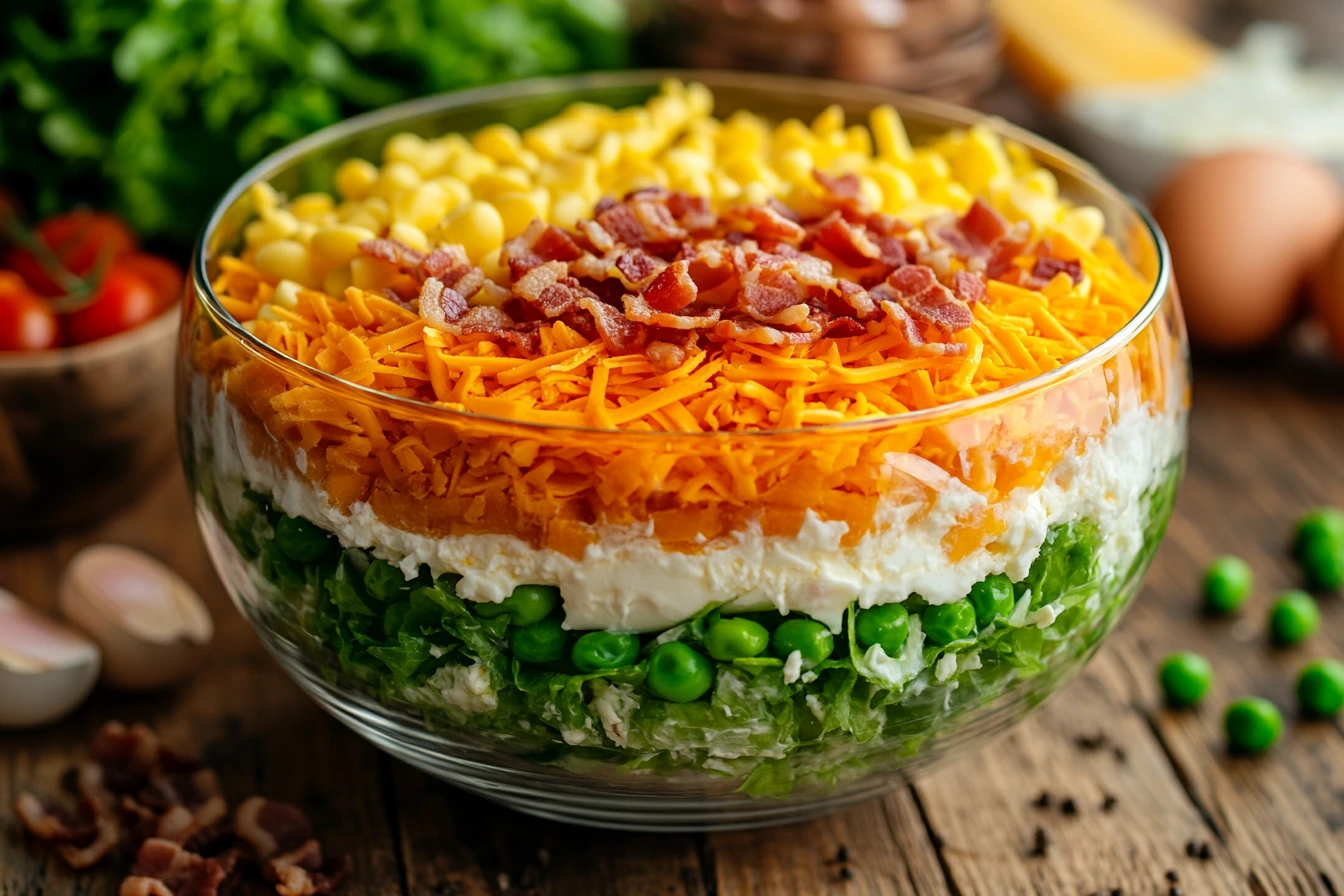  Layered American salad in a glass bowl.