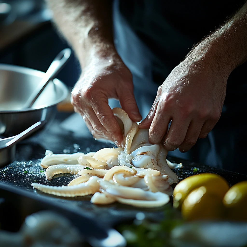 Preparing calamari steak with fresh squid.