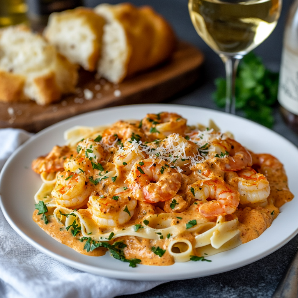 A plate of creamy Cajun shrimp pasta garnished with parsley and Parmesan cheese, served with garlic bread in the background