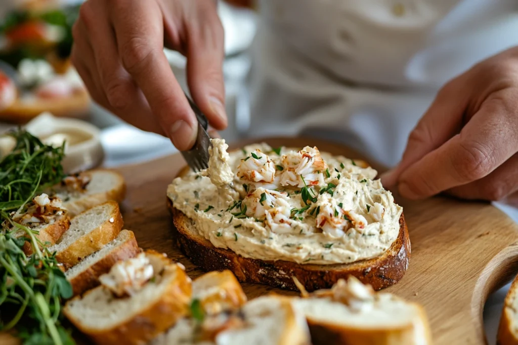 Crab spread recipe being prepared on toasted bread.