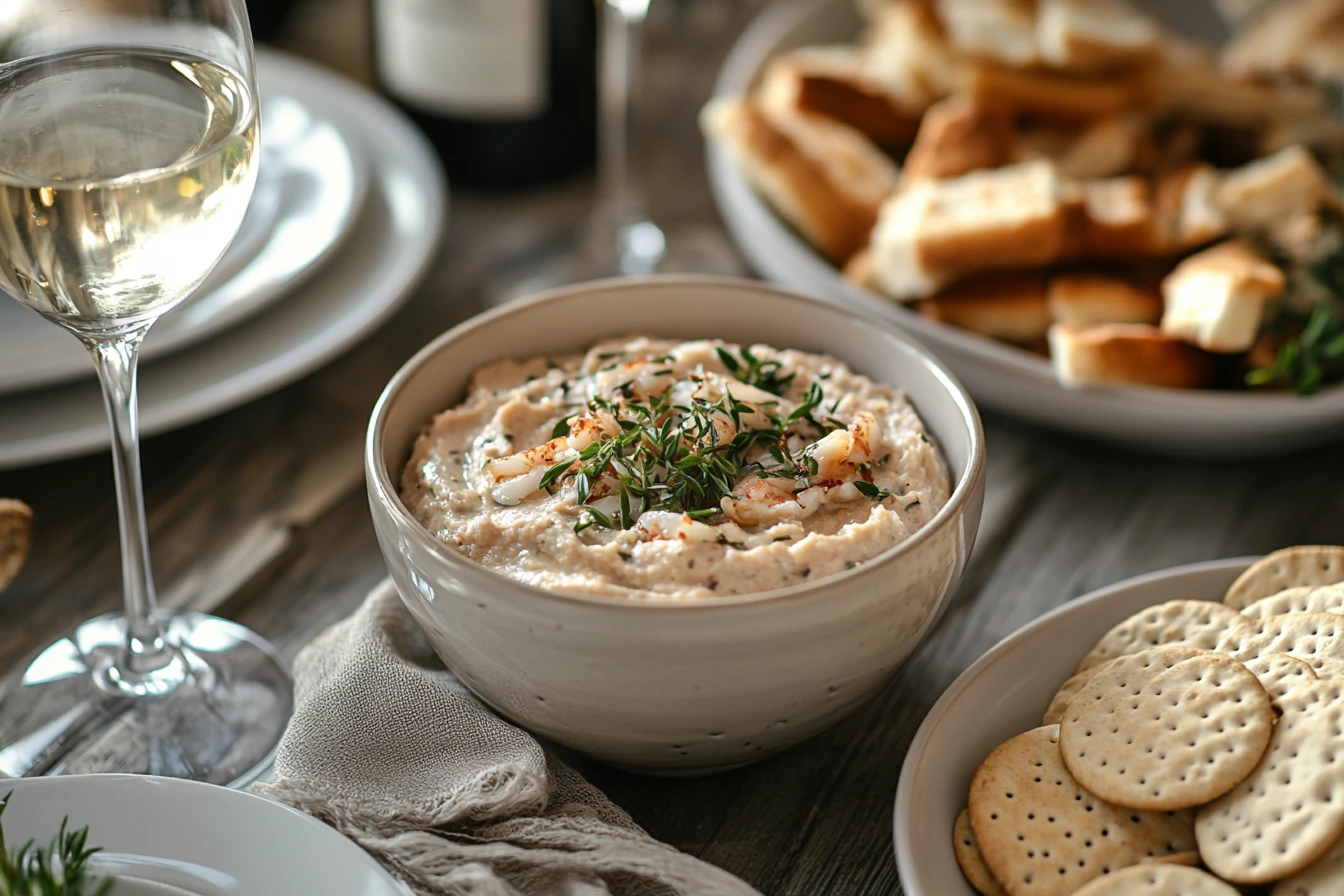 Bowl of creamy crab spread recipe served with crackers.