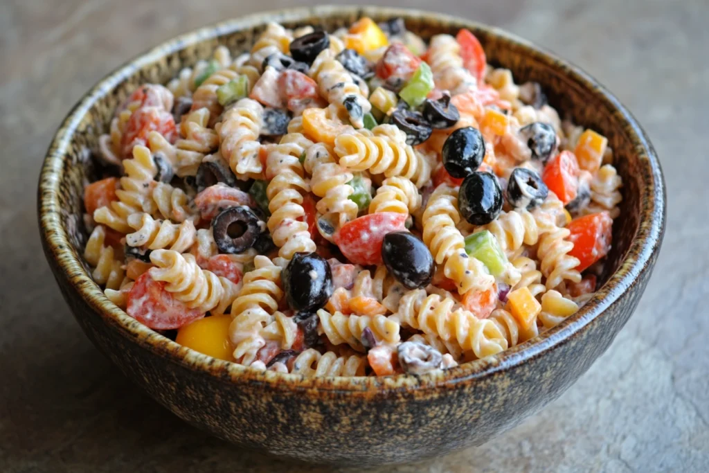 A creamy rotini pasta salad with black olives, bell peppers, and cherry tomatoes.