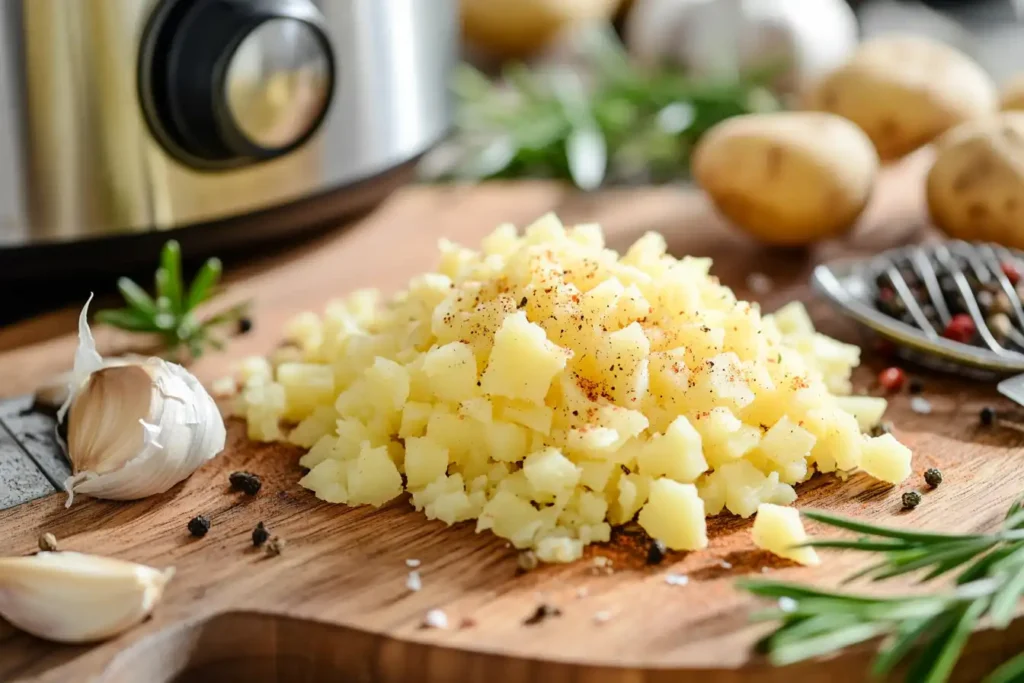 Freshly grated potatoes seasoned with spices, ready for air frying.