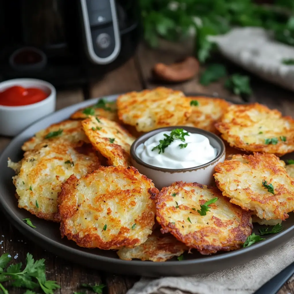 Golden crispy Air Fryer hash browns served with sour cream and ketchup on a rustic plate