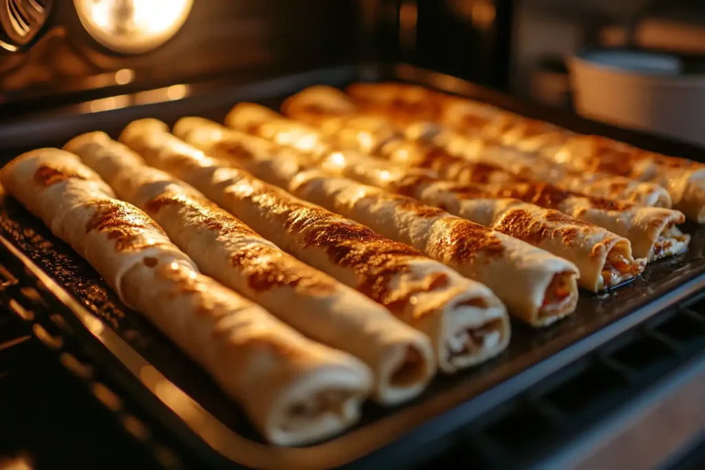  Flautas baking in the oven for a crispy finish.