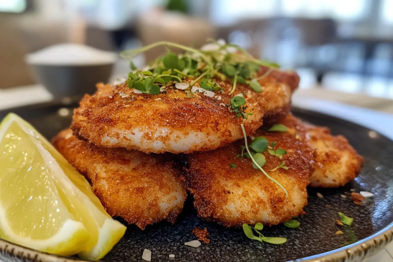 Breaded fish fillets with a lemon wedge.