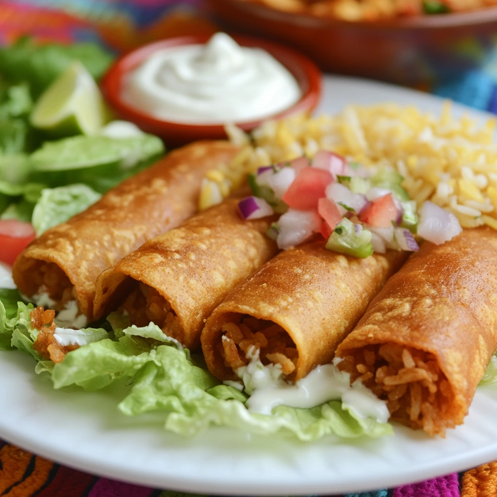  Golden-brown flautas served with rice, sour cream, and fresh toppings.