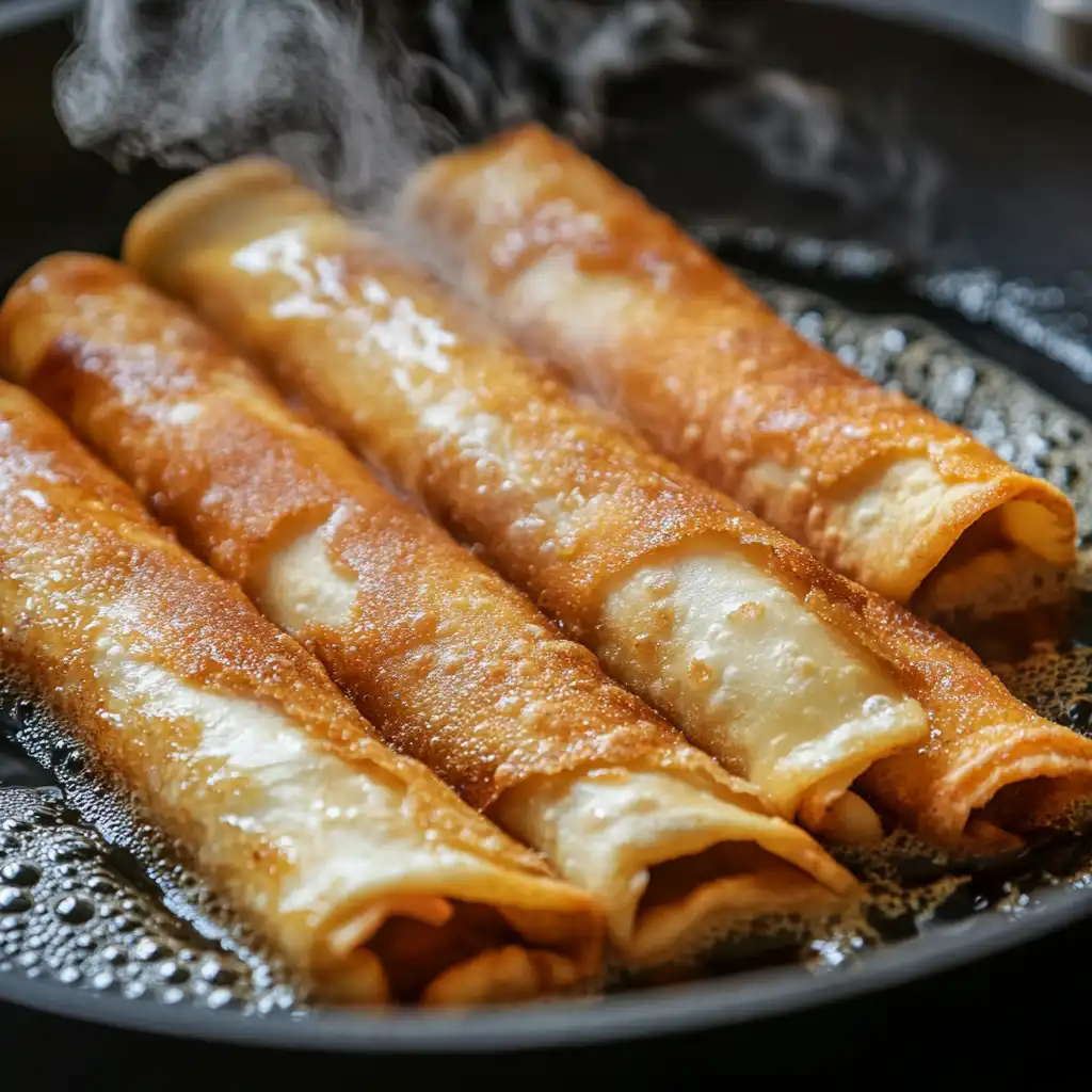 Golden flautas frying in a pan.