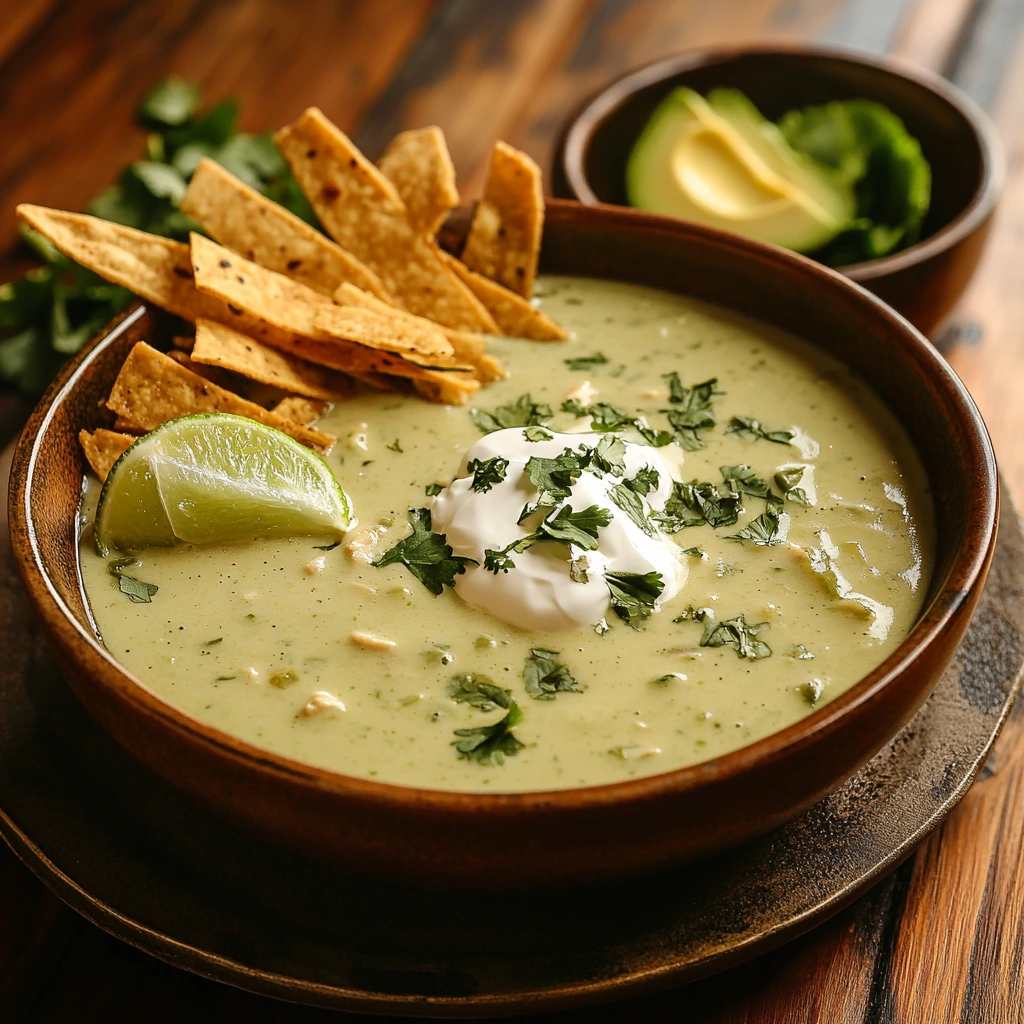 Chicken poblano soup served with tortilla strips and lime.