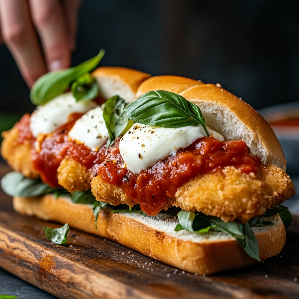 Close-up of a Chicken Parm Sandwich featuring crispy breaded chicken, marinara sauce, melted mozzarella cheese, and fresh basil on a toasted roll.