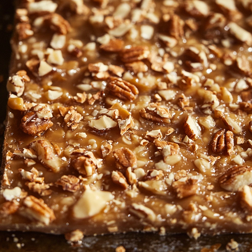 Homemade English toffee with chopped pecans on top.