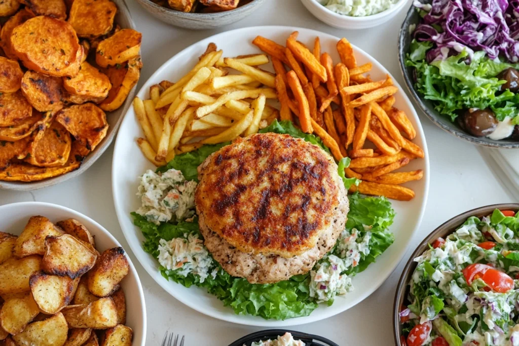 Air-fried turkey burger with sweet potato fries, coleslaw, and green salad