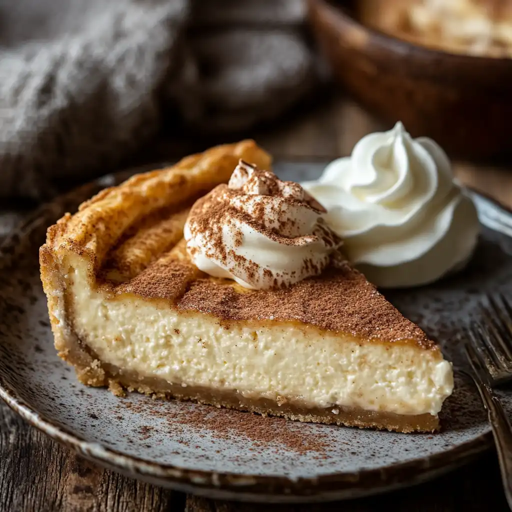 A slice of churro cheesecake topped with whipped cream and cinnamon.