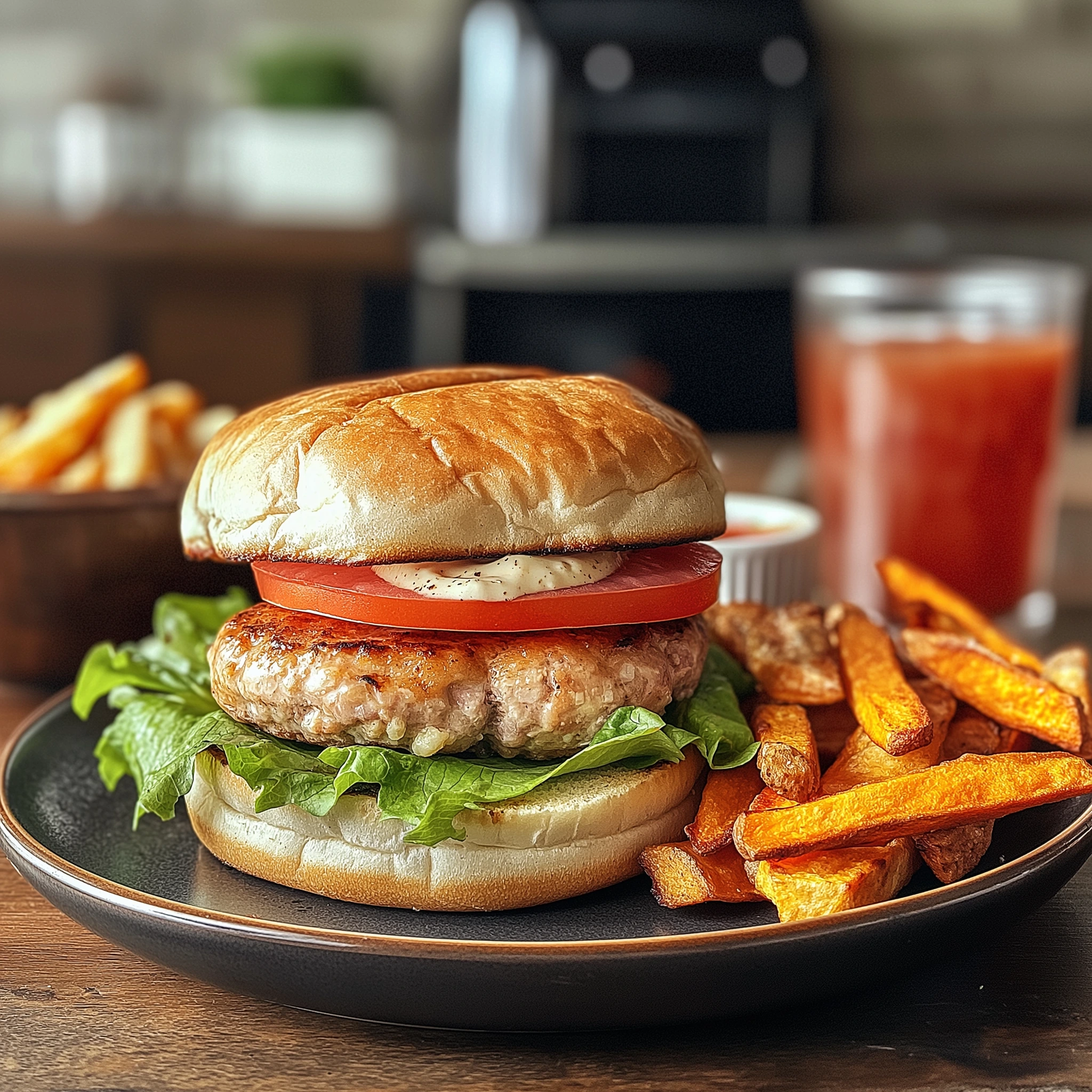 Turkey burger in air fryer served with sweet potato fries