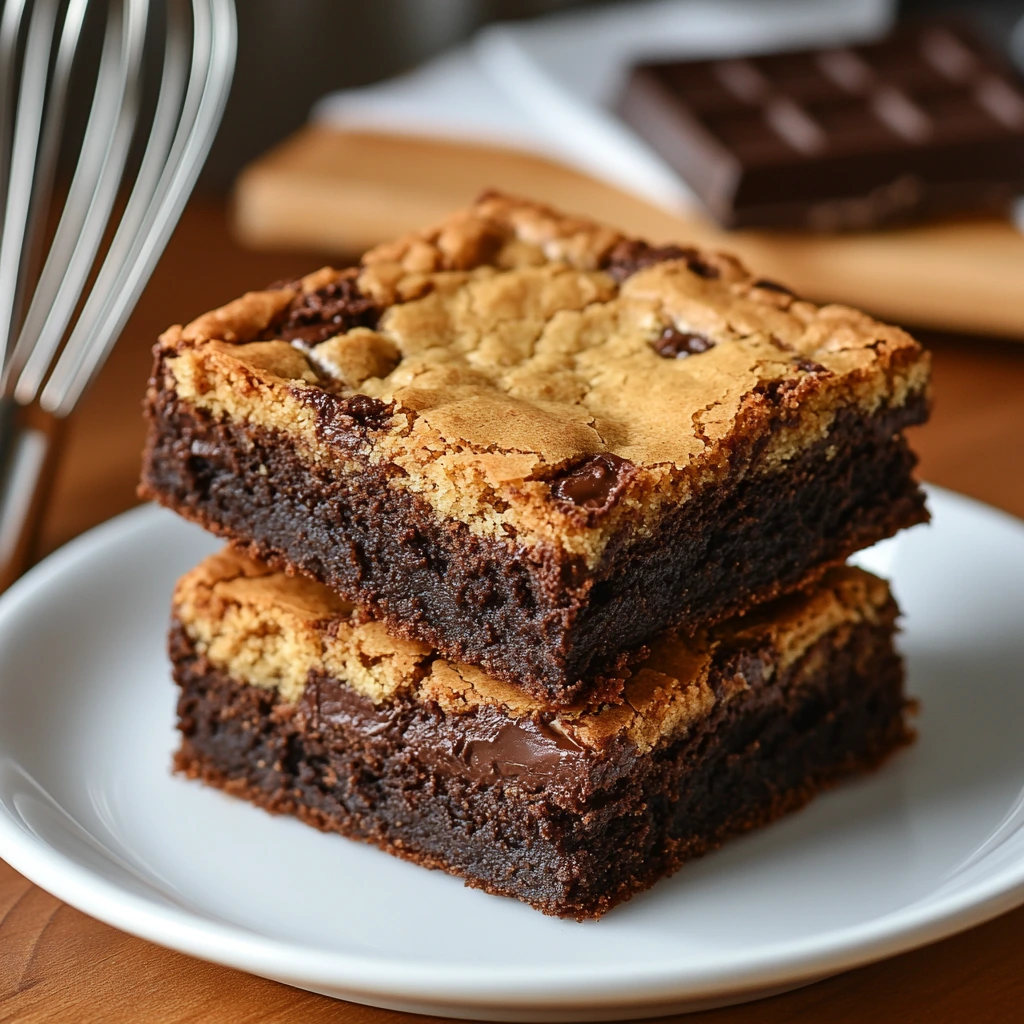 Decadent brookie recipe with rich brownie and cookie layers.