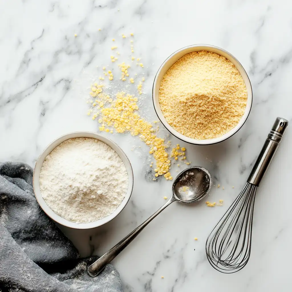 Cornmeal and flour comparison for cornbread ingredients.