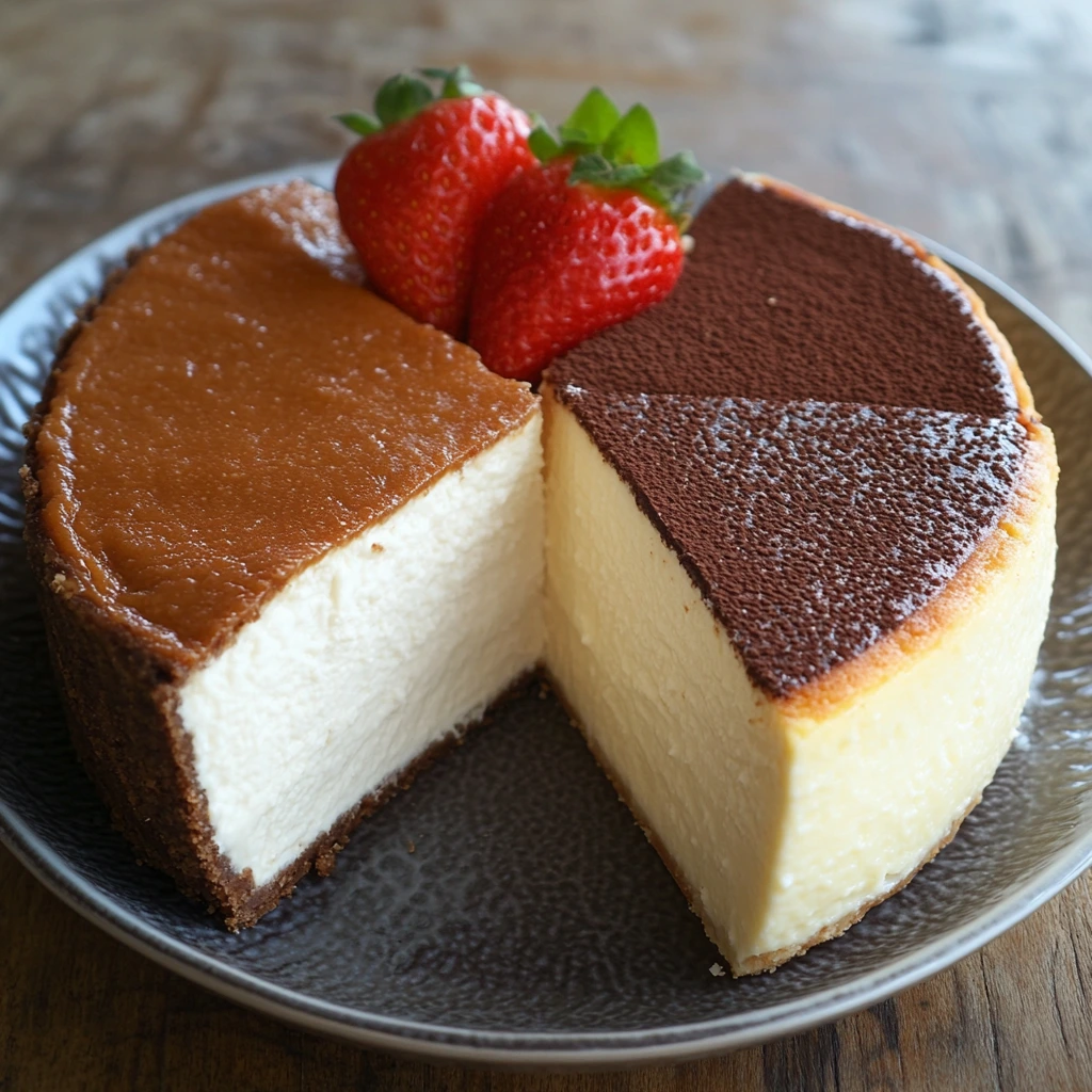 Cheesecake with caramel and cocoa topping.