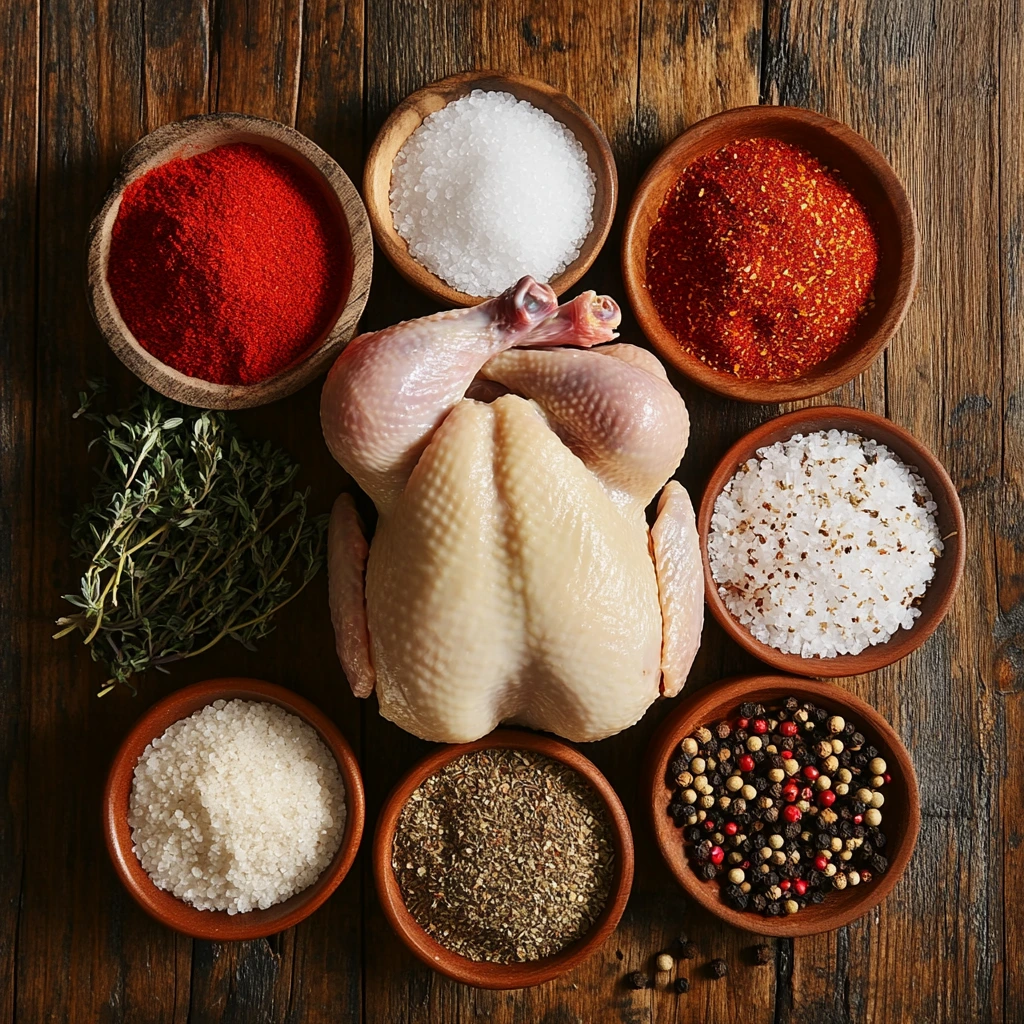  Raw chicken with common herbs and spices for rotisserie cooking.