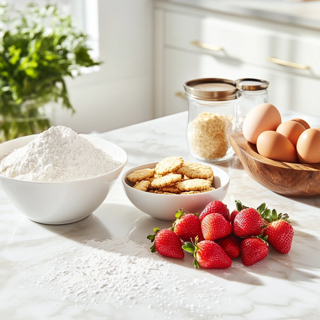 Fresh ingredients for strawberry crunch cake.