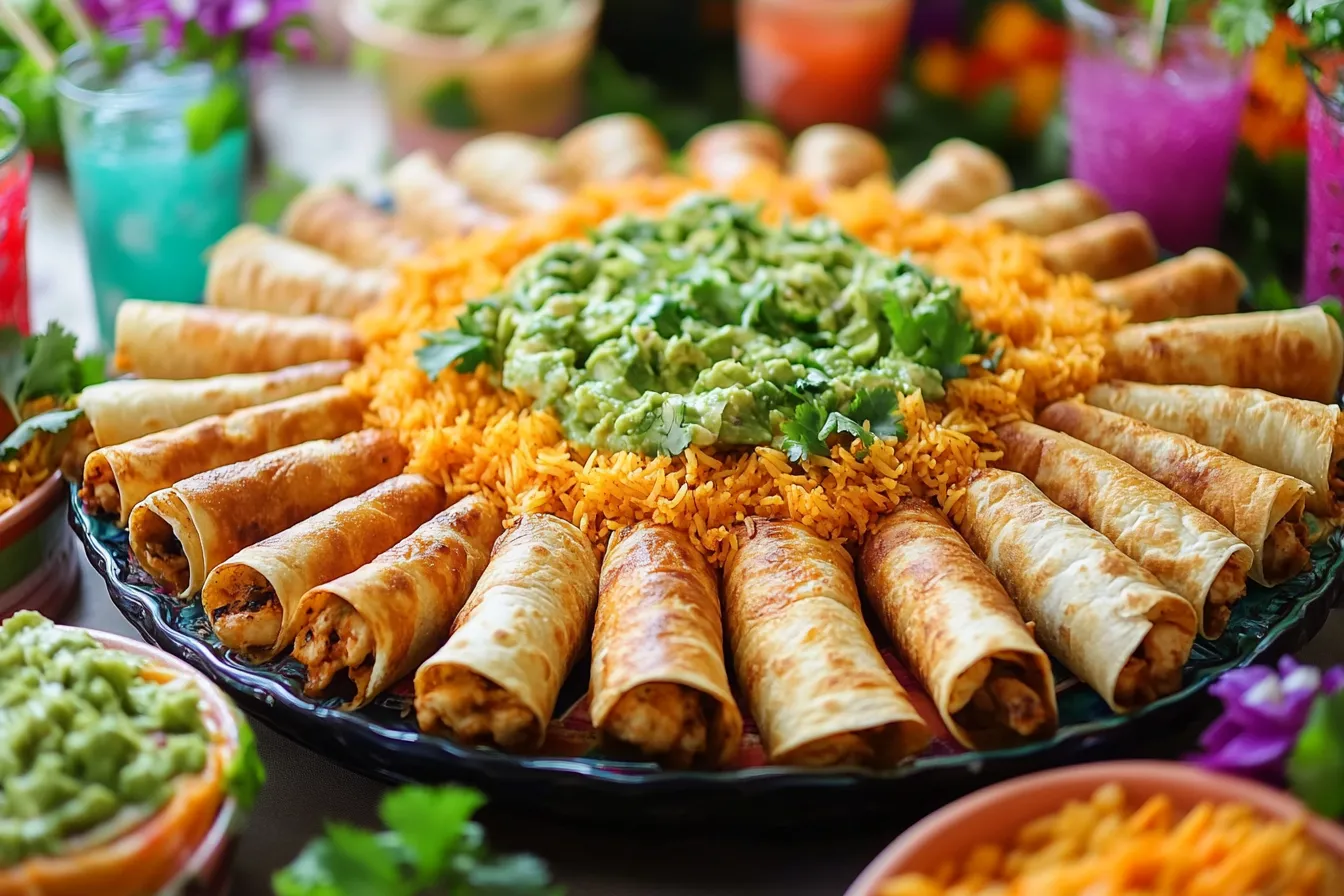 Platter of flautas de pollo with Mexican rice and guacamole.