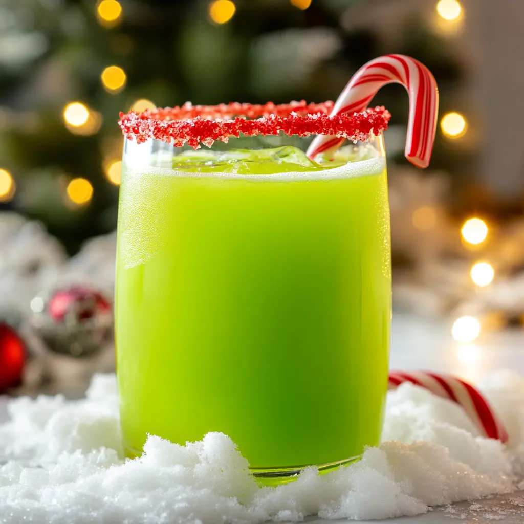 A vibrant green holiday drink in a clear glass with a red sugar rim and a candy cane garnish, surrounded by snowy decor and festive lights