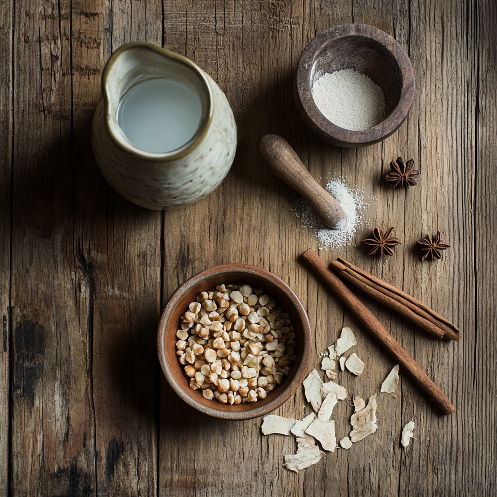 Ingredients for horchata including tiger nuts, cinnamon sticks, and anise displayed on a rustic wooden table.