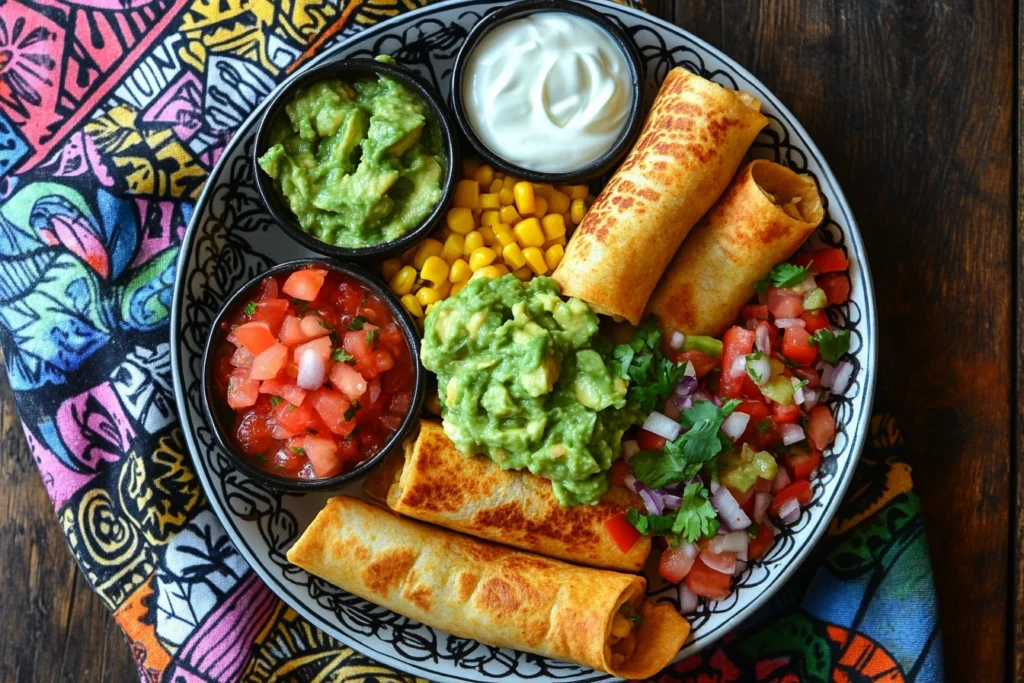 Flautas with corn or flour tortillas served with toppings.