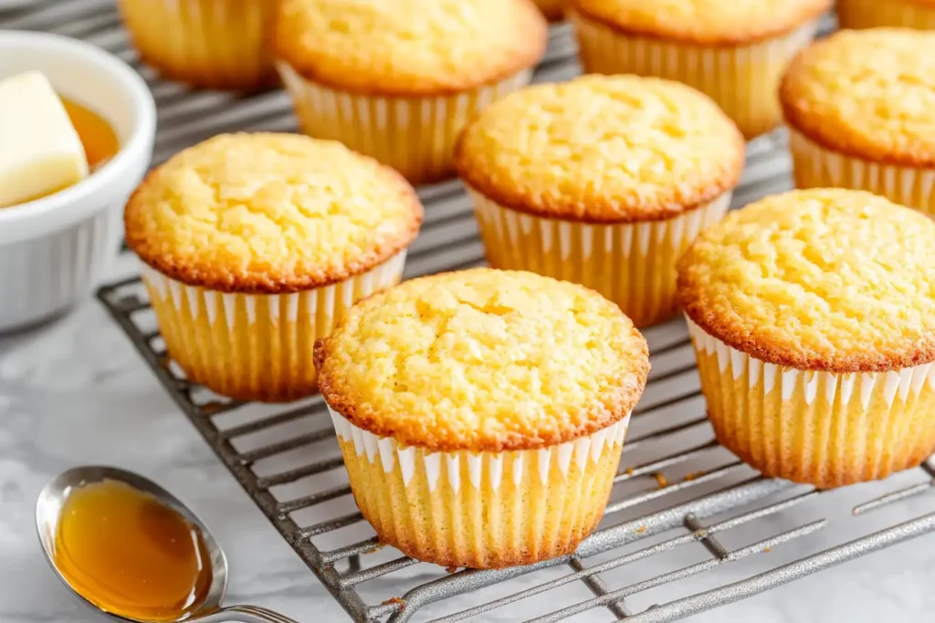 Cornbread muffins on a cooling rack.