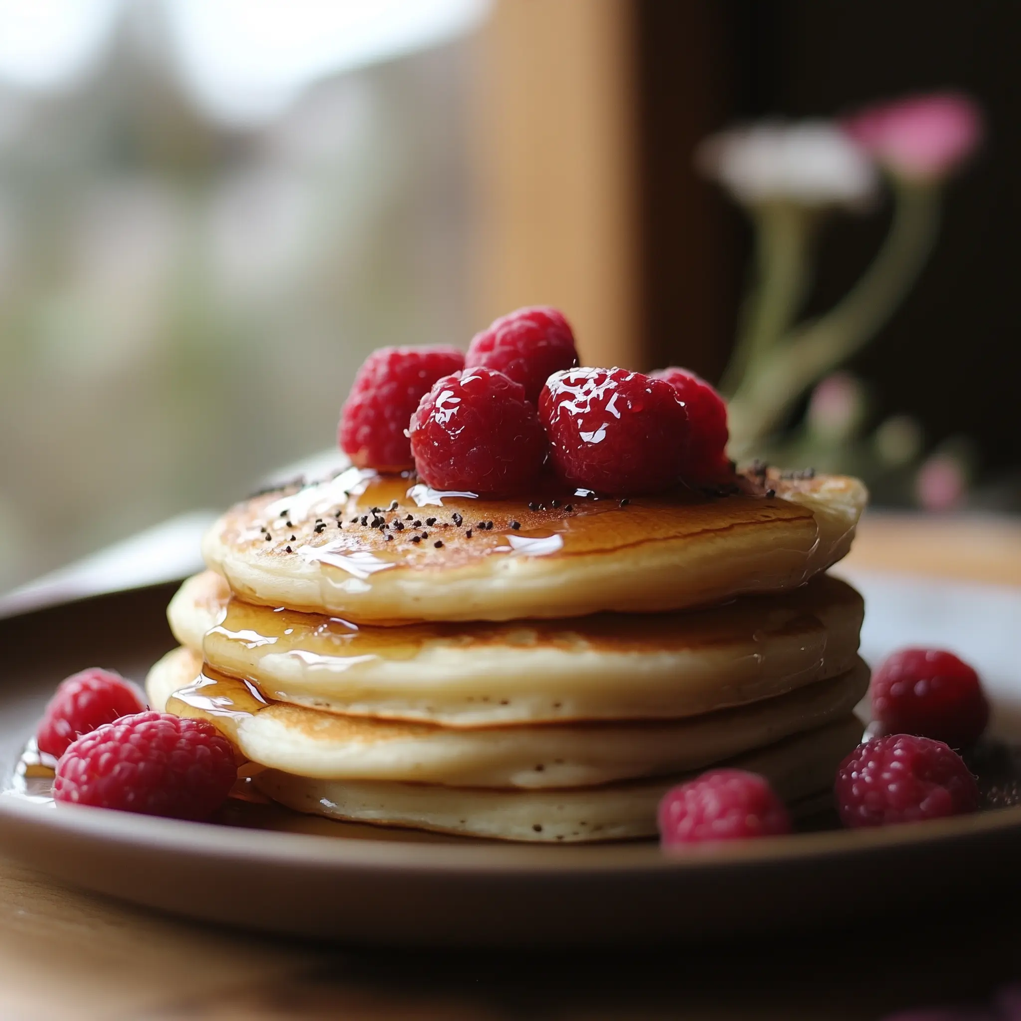 Fluffy stack of egg white pancakes topped with fresh raspberries and a drizzle of maple syrup, perfect for a healthy breakfast.