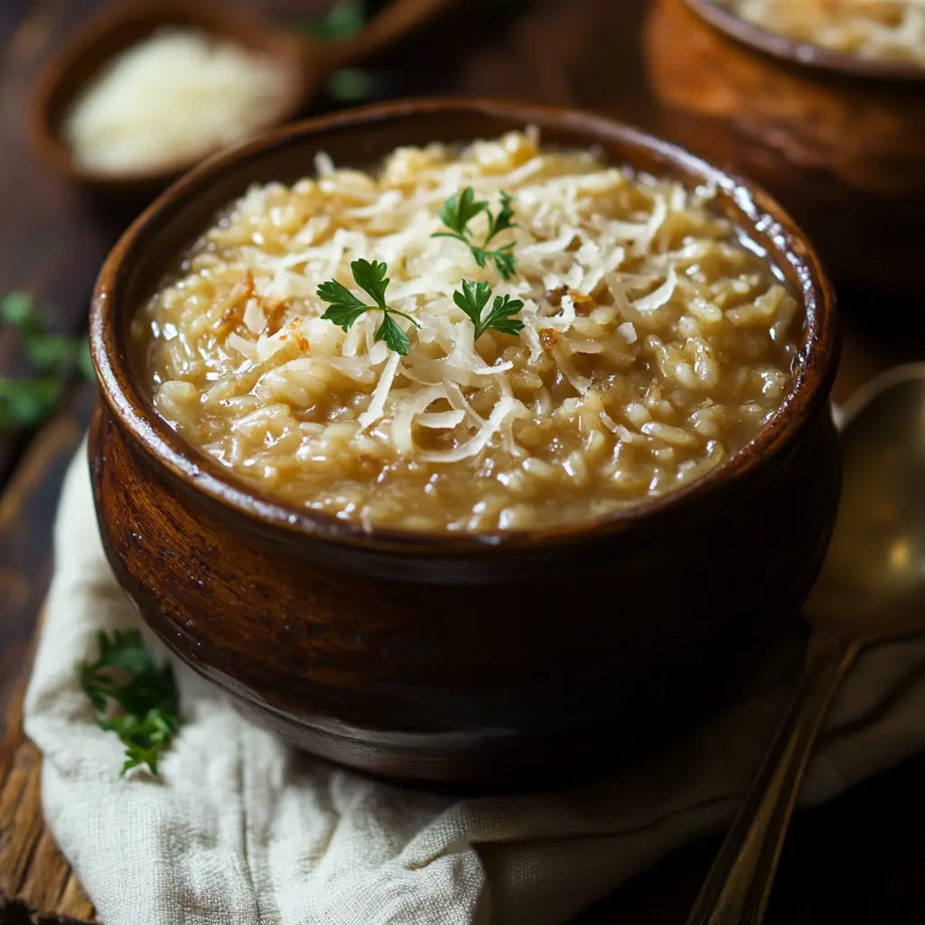 A bowl of French Onion Soup Rice garnished with caramelized onions and fresh herbs, served on a rustic wooden table