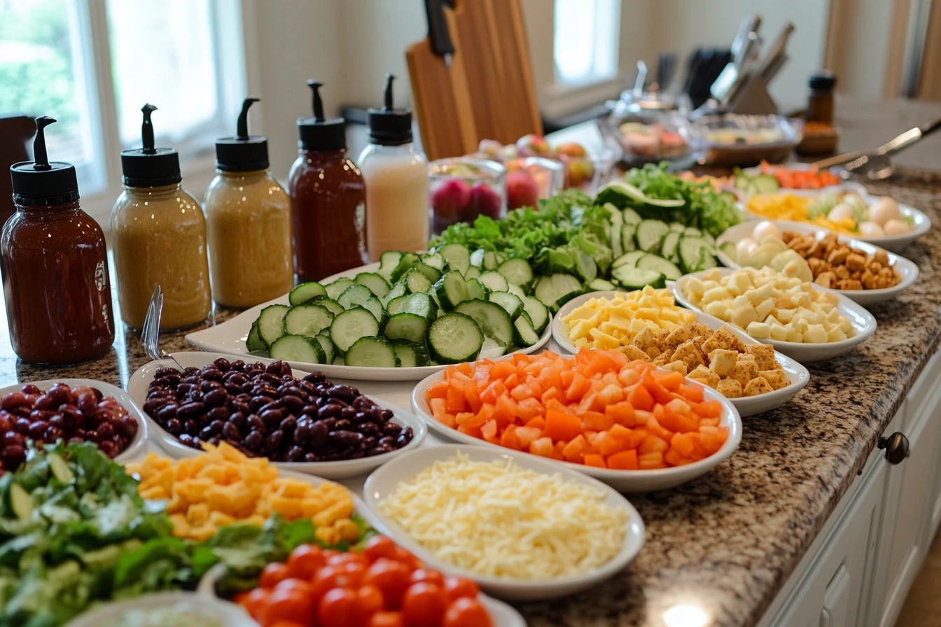 American salad ingredients display.