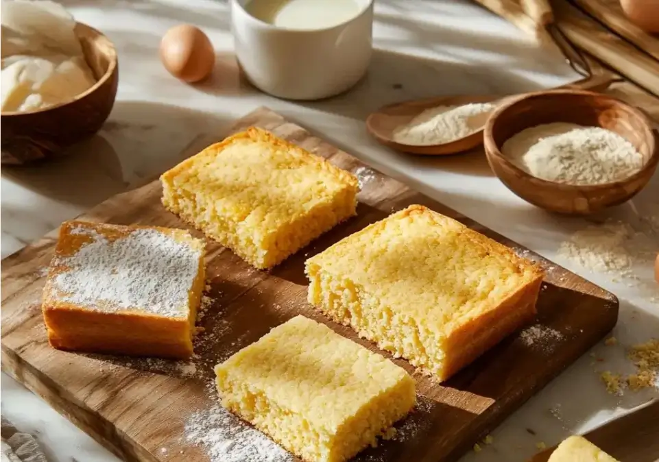 Freshly baked cornbread squares on a wooden board surrounded by baking ingredients, including flour, eggs, and milk.