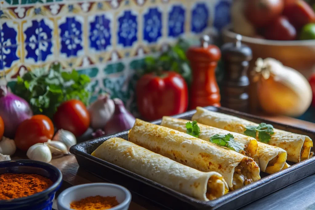 Freshly baked flautas de pollo in a traditional Mexican kitchen.