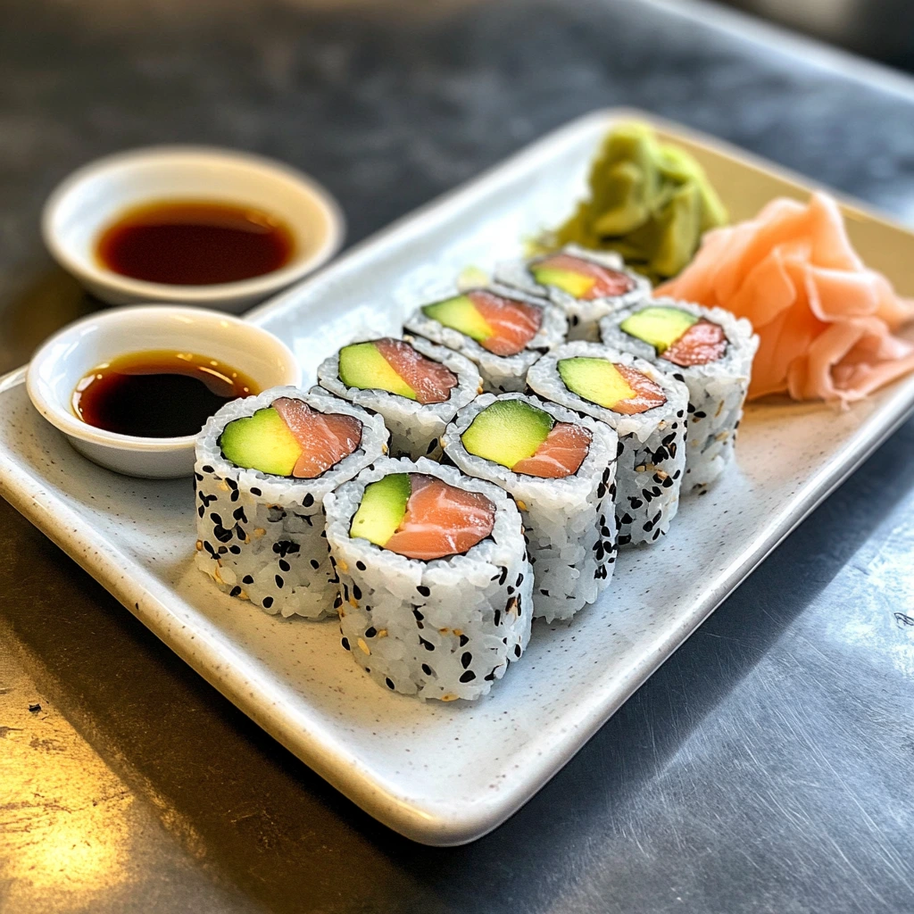 Alaska Roll sushi with salmon, avocado, and cucumber slices