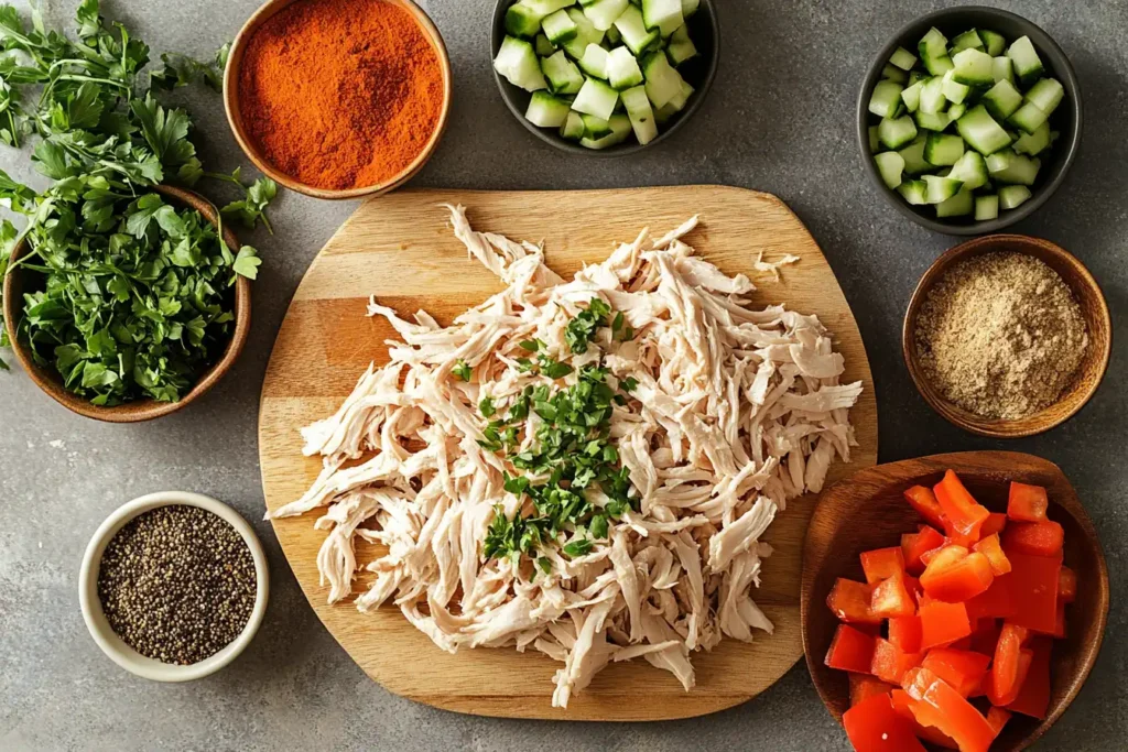 Shredded rotisserie chicken surrounded by fresh ingredients.