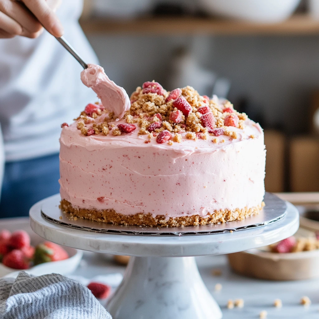 Frosting a strawberry crunch cake