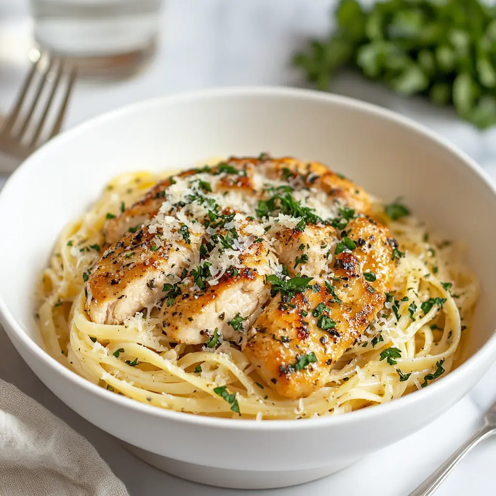 Garlic Parmesan Chicken Pasta served in a white bowl with golden seared chicken, garnished with grated parmesan and fresh parsley.